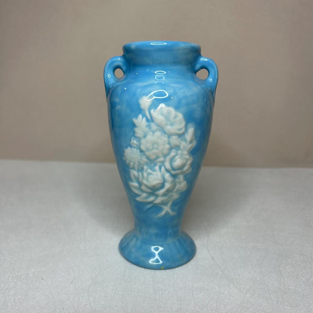 Vintage Blue Art Pottery Vase Double Handle Floral Relief Ceramic Vase